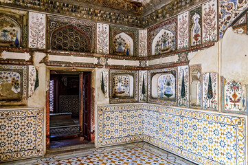 Interior of Agra Red Fort in India. Tomb of Itimad-ud-Daulah or Baby Taj in Agra, India.