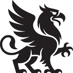 A striking black griffin illustration with wings spread against a white background in simple design