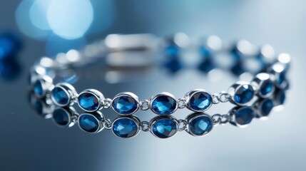 Elegant silver bracelet with vibrant blue gemstones reflected on a dark surface.