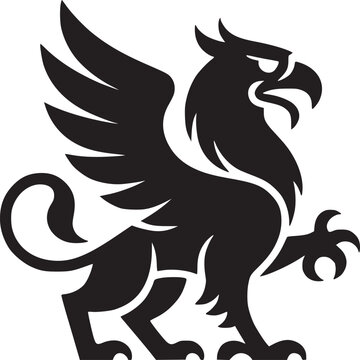 A striking black griffin illustration with wings spread against a white background in simple design