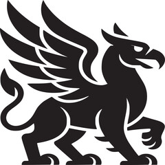 Black silhouette of a griffin with wings on a white background in a heraldic style design