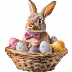 Bunny with Bowtie Sitting Among Painted Eggs in a High Fidelity Scene