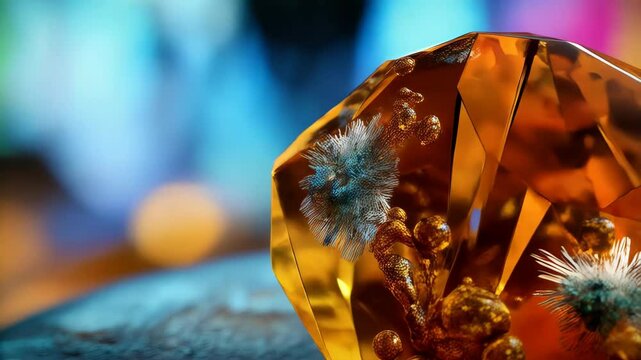 Close-up of amber gemstone featuring trapped prehistoric organic life forms, showcasing fossilization and ancient biology