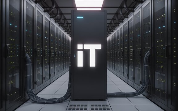 Data center with IT server racks for cloud computing and data storage. - Powered by Adobe