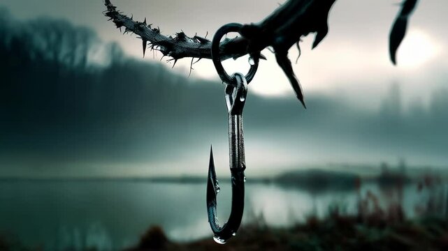 Metal fishing hook hanging from a thorny branch against a misty landscape in moody light, featuring water droplets