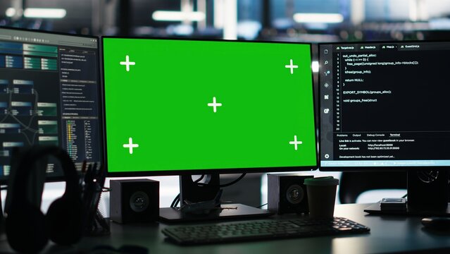 Chroma key displays in server farm displaying node tree programming tool detecting gear malfunctions. Visual programming software on isolated screen mockup computer tracking data center performance