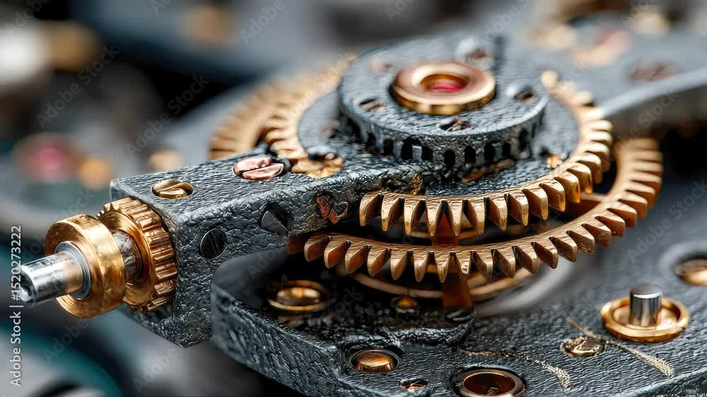 Poster extreme macro view of metallic watch gears and cogs, showcasing intricate mechanical detail and prec