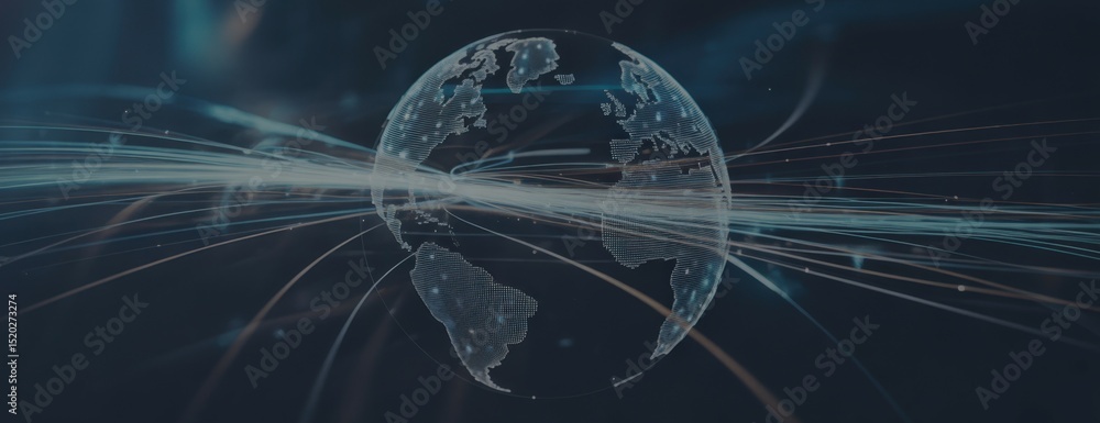 Poster website design featuring a digital globe, data streams, and the slogan connecting the world.