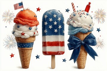 Two ice cream cones and a popsicle with American Idependence day decorations and USA flag colors
