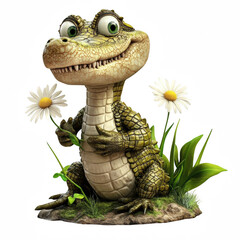 Baby Crocodile Holding a Daisy on Riverbank White