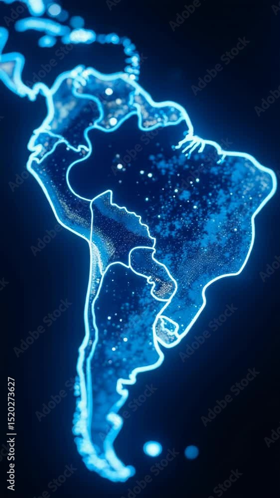 Poster a map of the americas illuminated by a blue glow, suitable for use in infographics, presentations or