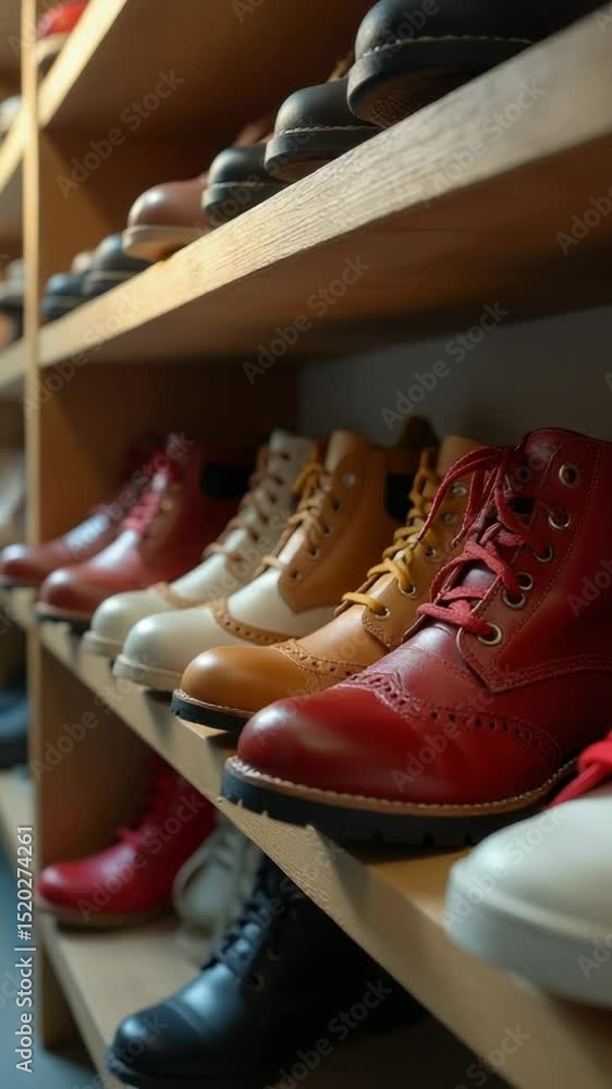 Poster a diverse selection of shoes displayed on a shelf, ideal for use in lifestyle or product photography