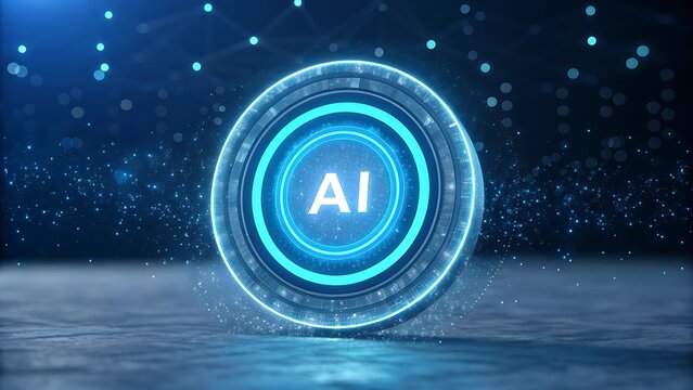Futuristic artificial intelligence concept with glowing circular design and digital blue background