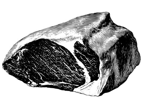 Engraved vintage illustration of a prime cut of meat showcasing artisanal food craftsmanship and classic design elements