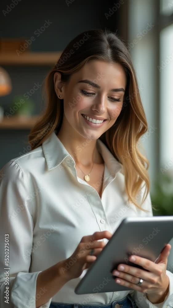 Poster a woman smiling while holding a tablet computer