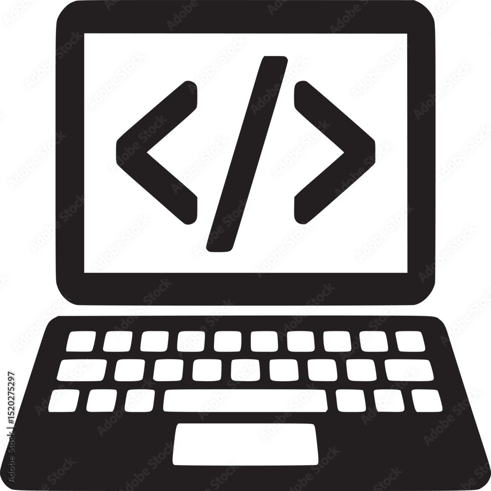 Poster black and white laptop icon displaying code symbols on the screen for software development work