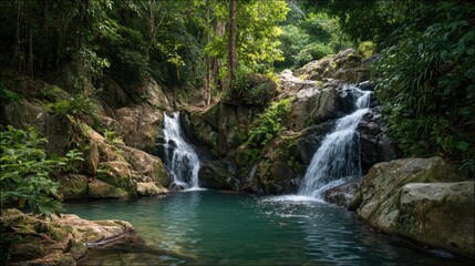 Fototapeta premium Twin waterfalls flow into a turquoise pool, surrounded by lush rainforest. Nature's serene beauty in a tropical paradise.