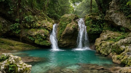 Fototapeta premium Twin waterfalls flow into a turquoise pool, surrounded by lush rainforest. Nature's serene beauty in a tropical paradise.