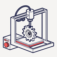Flat vector icon of a 3D printer printing a gear, symbolizing advanced manufacturing, tech-focused