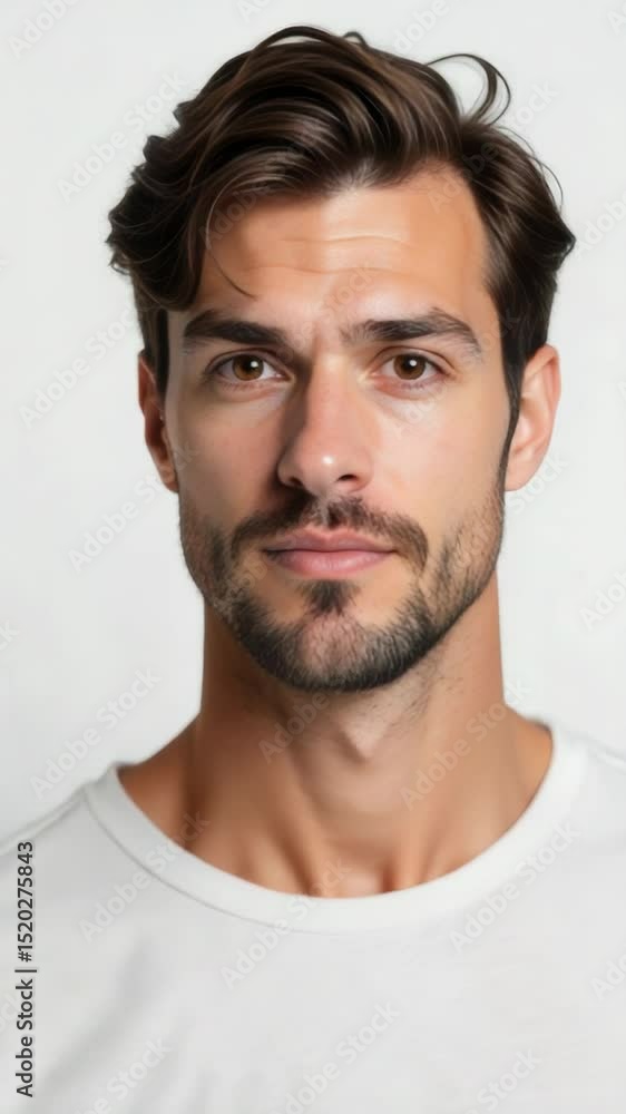 Poster a person with a long beard looking directly at the camera, with a serious expression