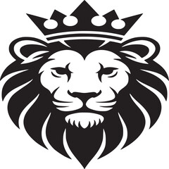 A stylized black and white illustration of a lion's head wearing a crown on a white background