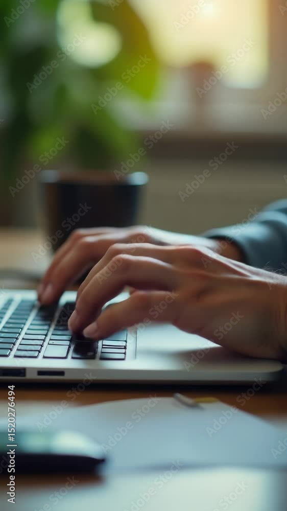 Poster a close-up of someone working on their laptop, focusing on the keyboard and screen