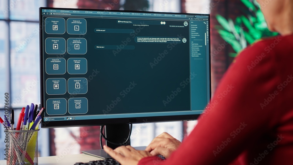 Poster professional person engaging with an ai chatbot on a computer screen, exploring power of digital ass