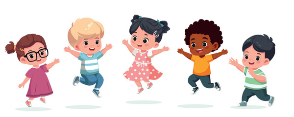 little kids jumping  with friends  and feel happy cartoon vector flat design