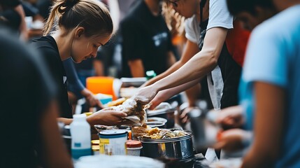 People serving food to others at a communal meal.