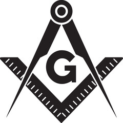 A black and white masonic symbol with a compass and square and the letter g in the center of the design