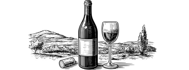 Vintage engraved illustration capturing a wine bottle, glass, and scenic vineyard landscape with hills and cypress trees in a timeless design