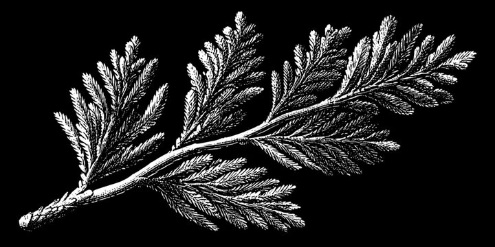 Engraved vintage illustration of a delicate branch showcasing detailed foliage in an artistic representation of nature