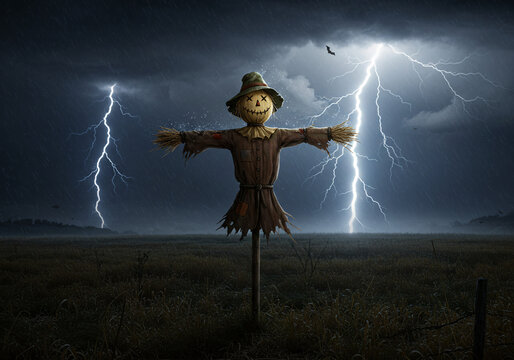 Spooky scarecrow in a stormy field at night