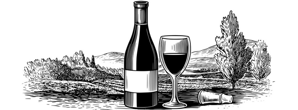 Engraved vintage emblem featuring a wine bottle and glass amidst a serene landscape in a classic artistic style