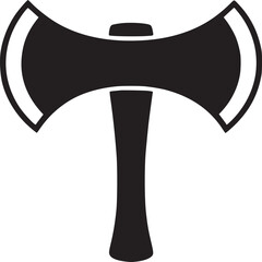 A simple black and white illustration of a double bladed axe with a wooden handle on white background
