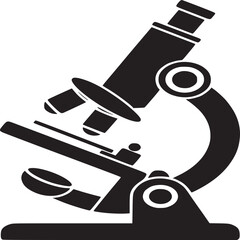 A black and white illustration of a microscope on a white background in a simple vector style