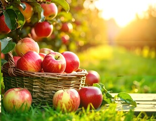 Fresh apples in a basket, orchard setting