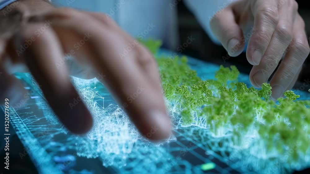 Poster close up of scientist's hands manipulating a holographic projection of a forest on a futuristic touc