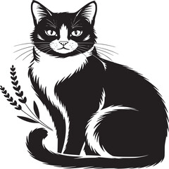 A black and white illustration of a tuxedo cat sitting with a plant next to it and a shadow behind