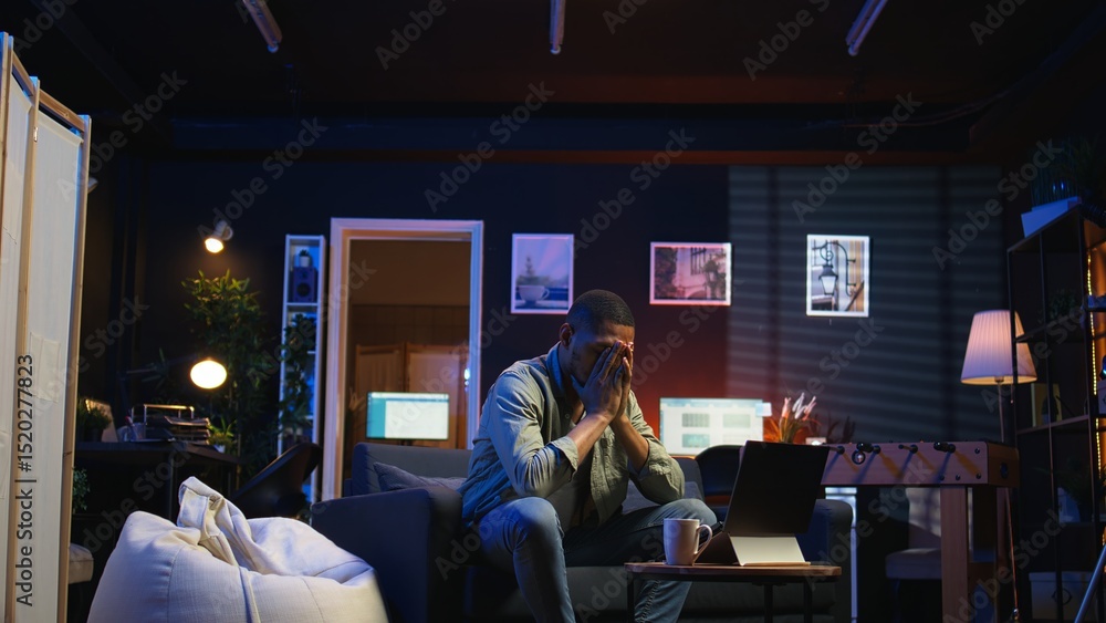 Poster tired black man failing some tasks and struggling to focus at home, dealing with burnout after doing
