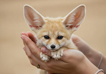 Fototapeta premium Fennec Fox Pup Held in Hands, A Portrait of Innocence