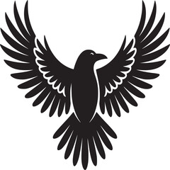 Fototapeta premium A stylized black raven with its wings spread wide against a stark white background illustration