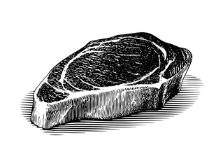 Vintage engraved illustration of a thick cut of meat showcasing the artistry of culinary design and craftsmanship