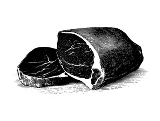 Vintage engraved illustration of a cut of meat showcasing intricate details and craftsmanship from classic culinary art
