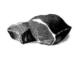 Vintage engraved illustration of prime cuts of meat showcasing intricate details and timeless design elements