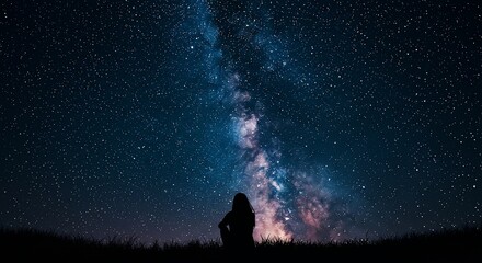 Obraz premium Serene Silhouette Gazing at Majestic Milky Way Galaxy under a Starry Night Sky