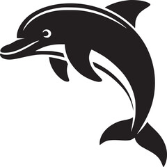 A stylized black dolphin silhouette leaping upwards on a plain white background in simple graphic style