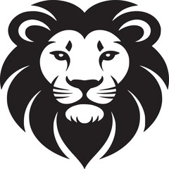 A black and white graphic illustration of a lion head with a stylized mane and facial features