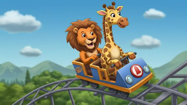 Animated giraffe and lion on rollercoaster