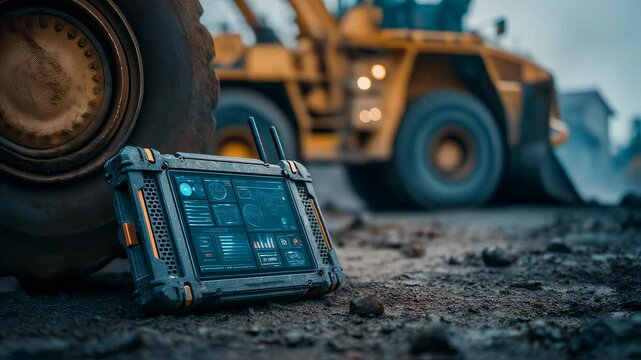 Futuristic control panel with animated graphs and data lies on the ground near the wheel of a large mining truck in a quarry or construction site
